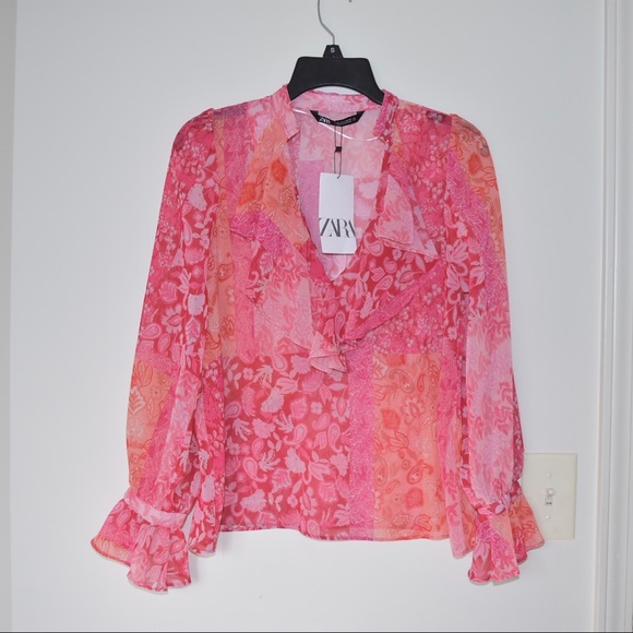 New! ZARA women's PATCHWORK PRINTED Multicolored chiffon Blouse size XS - Picture 2 of 4